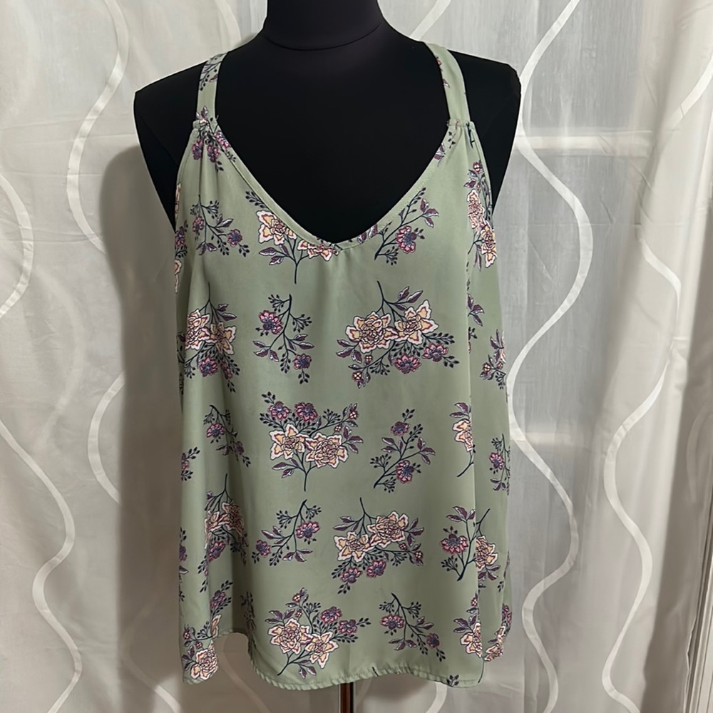 Pink Republic, Green & Pink Floral, Racerback Top, Size XL